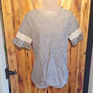 Womens medium boho striped lace cotton/linen blouse